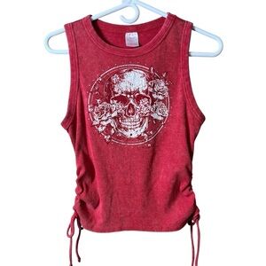No Boundaries Red Skull Roses Graphic Tank Tie Sides Medium Biker Punk Grunge